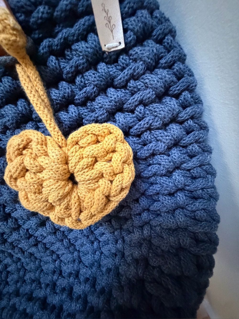 Navy Crochet Tote with Tan Leather Straps and Mustard Heart Accent - Picture 2 of 8